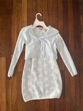 Light Blue Floral Knit Dress with Tie-Front Cardigan - Kids